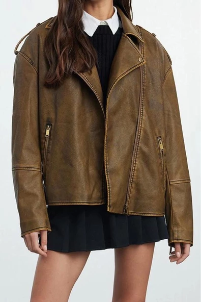 Kadın Moda Şık Oversize Ceket Yaka Standart Düz Astarlı Yıkama Efektli Suni Deri Biker Ceket Mont - 2