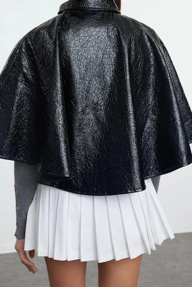 Kadın Moda Şık Bol Dik Yaka Standart Düz Astarlı Oversize Parlak Pelerin Mont - 5