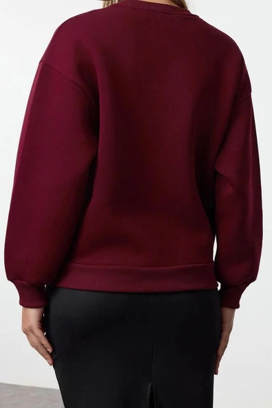 Kadın Relaxed Bisiklet Yaka Düşük Kol Uzun Kalın Polarlı Normal Kesim Slogan Nakışlı Örme Sweatshirt - 5