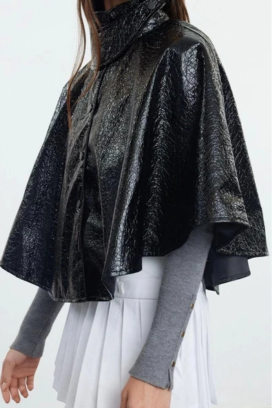 Kadın Moda Şık Bol Dik Yaka Standart Düz Astarlı Oversize Parlak Pelerin Mont - 2