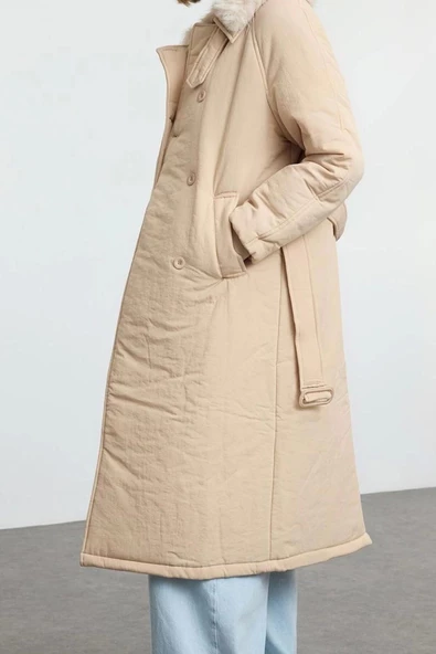 Kadın Moda Şık Regular Ceket Yaka Uzun Düz Astarlı Yakası Peluş Kemerli Su İtici Parka Şişme Mont - 4