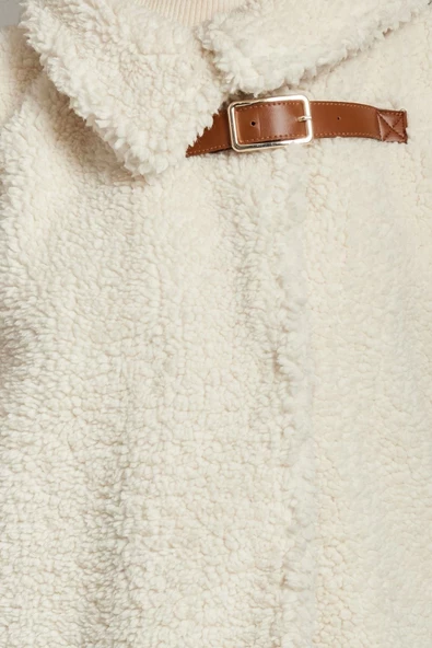Kadın Moda Şık Regular Dik Yaka Midi Düz Astarlı Regular Kemer Detaylı Peluş Mont - 4