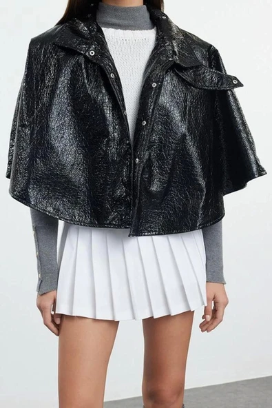 Kadın Moda Şık Bol Dik Yaka Standart Düz Astarlı Oversize Parlak Pelerin Mont - 3