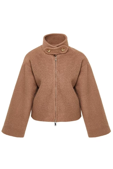 Kadın Moda Şık Regular Dik Yaka Standart Düz Astarlı Yaka Detaylı Buklet İnce Ceket Mont