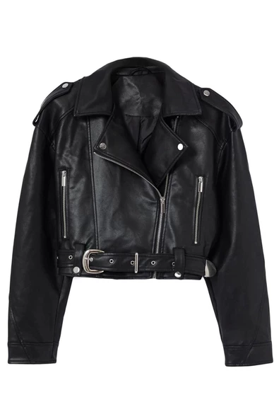 Kadın Moda Şık Oversize Gömlek Yaka Crop Düz Astarlı Oversize Kemerli Suni Deri Biker Ceket Mont