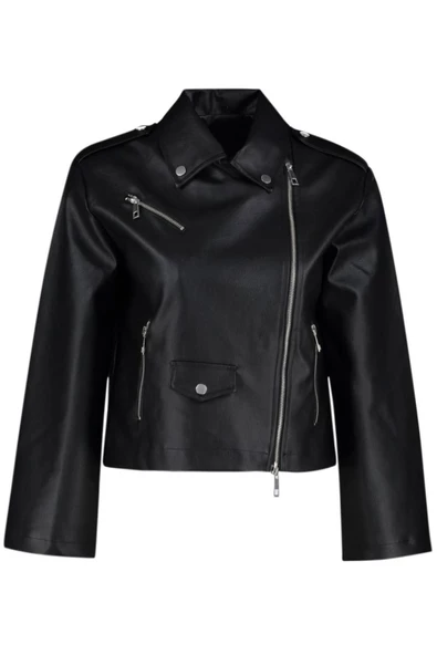 Kadın Moda Şık Regular Kruvaze Yaka Standart Düz Astarlı Regular Suni Deri Biker Ceket Mont