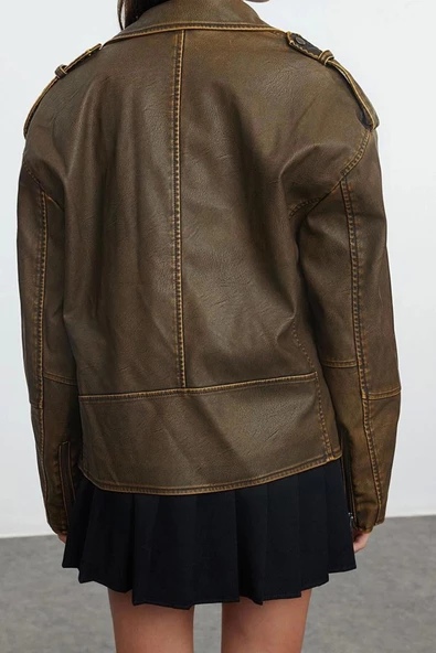Kadın Moda Şık Oversize Ceket Yaka Standart Düz Astarlı Yıkama Efektli Suni Deri Biker Ceket Mont - 6