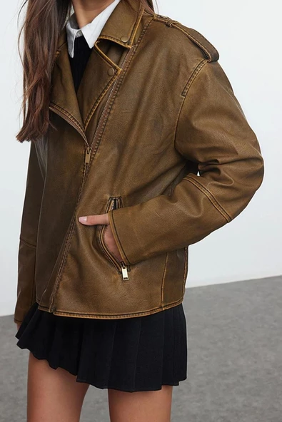 Kadın Moda Şık Oversize Ceket Yaka Standart Düz Astarlı Yıkama Efektli Suni Deri Biker Ceket Mont - 3