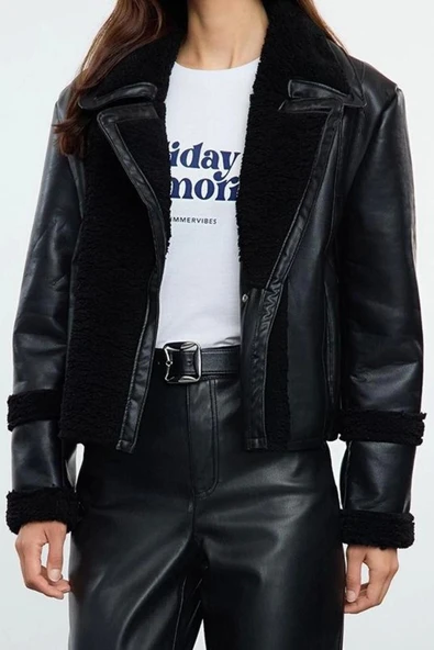 Kadın Moda Şık Regular Gömlek Yaka Standart Düz Astarlı Peluş Detaylı Suni Deri Biker Ceket Mont - 3