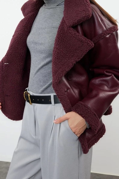 Kadın Moda Şık Regular Ceket Yaka Standart Düz Astarlı Peluş Detaylı Suni Deri Biker Ceket Mont - 3