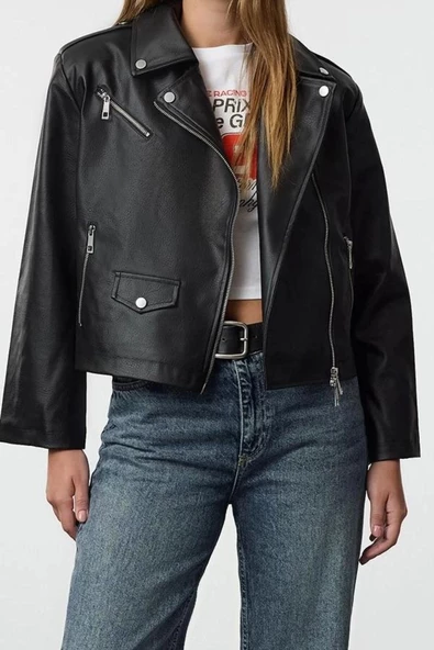 Kadın Moda Şık Regular Kruvaze Yaka Standart Düz Astarlı Regular Suni Deri Biker Ceket Mont - 3