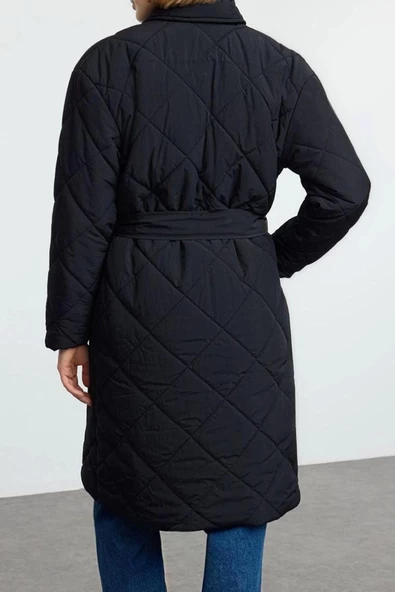 Kadın Moda Şık Bol Ceket Yaka Uzun Düz Astarlı Oversize Kuşaklı Uzun Kapitone Şişme Mont - 5