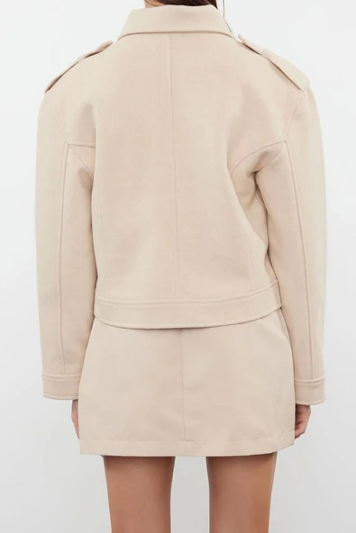 Kadın Moda Şık Regular Ceket Yaka Standart Düz Astarlı Örme Kaşe Crop Biker İnce Ceket Mont - 6
