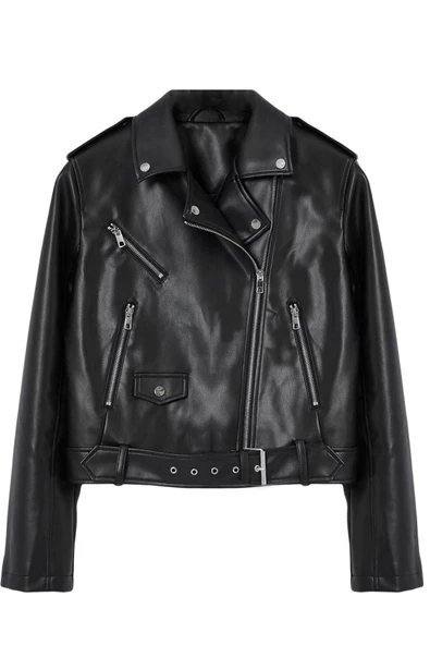 Kadın Moda Şık Regular Ceket Yaka Standart Düz Astarlı Regular Suni Deri Biker Ceket Mont - 6