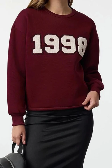 Kadın Relaxed Bisiklet Yaka Düşük Kol Uzun Kalın Polarlı Normal Kesim Slogan Nakışlı Örme Sweatshirt - 3