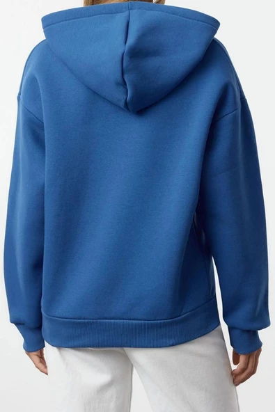 Kadın Moda Şık Bol Kapüşonlu Düşük Kol Uzun Geniş Kalıp Nakışlı Kalın İçi Polarlı Örme Sweatshirt - 5