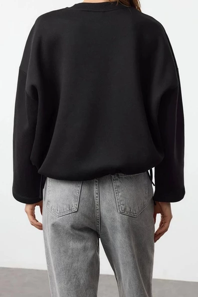 Kadın Moda Şık Relaxed Bisiklet Yaka Düşük Kol Regular Rahat Kalıp Stoper Detaylı Örme Sweatshirt - 5