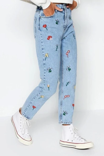 Kadın Moda Şık Kot Pantolon Dar Paça Regular Boy Denim Mavi Nakışlı Yüksek Bel Mom Jeans - 3