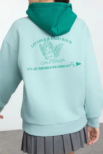 Kadın Moda Şık Bol Kapüşonlu Düşük Kol Uzun Sırt Baskılı ve Geniş Kalıp Örme Sweatshirt - 4