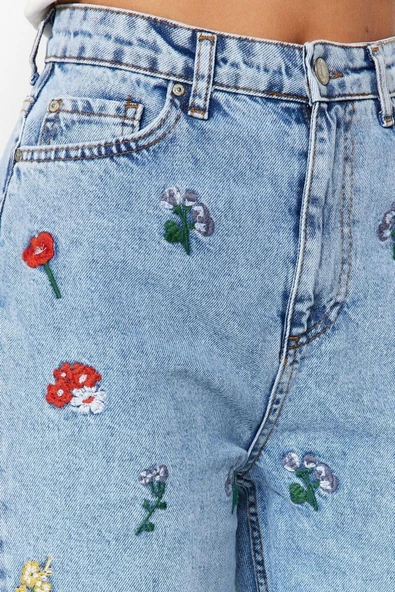 Kadın Moda Şık Kot Pantolon Dar Paça Regular Boy Denim Mavi Nakışlı Yüksek Bel Mom Jeans - 6