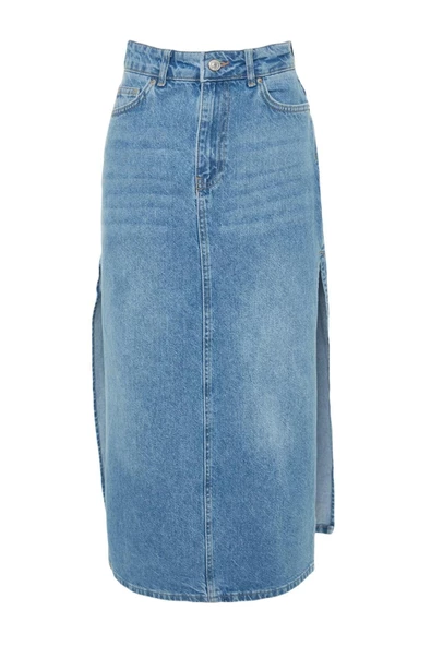 Kadın Moda Stil Maxi Astarsız Denim Yırtmaçlı Yüksek Bel Maxi Denim Etek