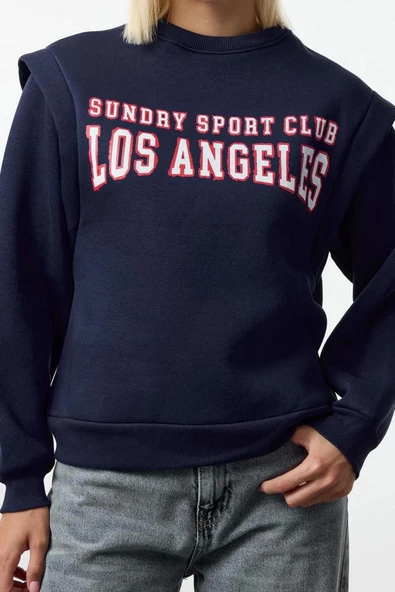 Kadın Bisiklet Yaka Düşük Kol Slogan Baskılı Geniş Kalıp Kalın İçi Polarlı Örme Sweatshirt - 2
