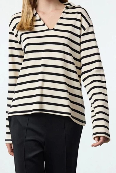Kadın Moda Relaxed Polo Yaka Düşük Kol Standart Ekru Polo Yaka Rahat Kalıp Çizgili Örme Sweatshirt - 3