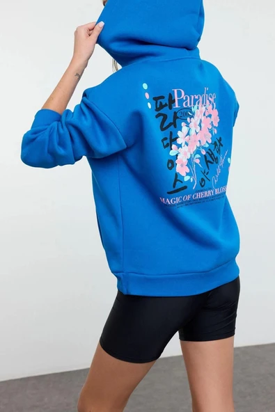 Kadın Moda Şık Bol Kapüşonlu Düşük Kol Uzun Ön Arka Baskılı Geniş Kalıp Örme Sweatshirt - 2