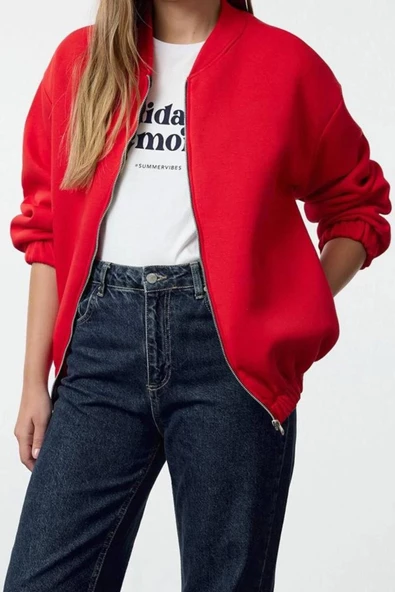 Kadın Oversize Bisiklet Yaka Düşük Kol Uzun Fermuarlı Geniş Kalıp Kalın İçi Polarlı Örme Sweatshirt - 2
