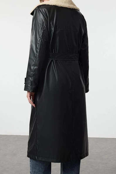 Kadın Moda Şık Oversize Ceket Yaka Uzun Düz Astarlı Oversize Peluş Yaka Detaylı Suni Deri Trençkot - 5