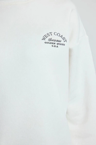 Kadın Moda Bol Bisiklet Yaka Düşük Kol Uzun Slogan Nakışlı Kalıp Kalın İçi Polarlı Örme Sweatshirt - 4
