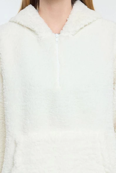 Kadın Moda Şık Bol Kapüşonlu Düşük Kol Uzun Fermuarlı Overize Geniş Kalıp Peluş Örme Sweatshirt - 4