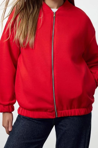 Kadın Oversize Bisiklet Yaka Düşük Kol Uzun Fermuarlı Geniş Kalıp Kalın İçi Polarlı Örme Sweatshirt - 3