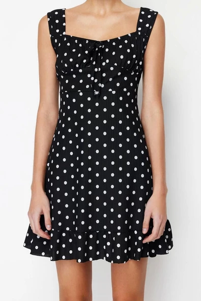 Kadın Moda Şık Mini Boy Kare Yaka Regular Siyah001 Volanlı A-Line Örme Elbise