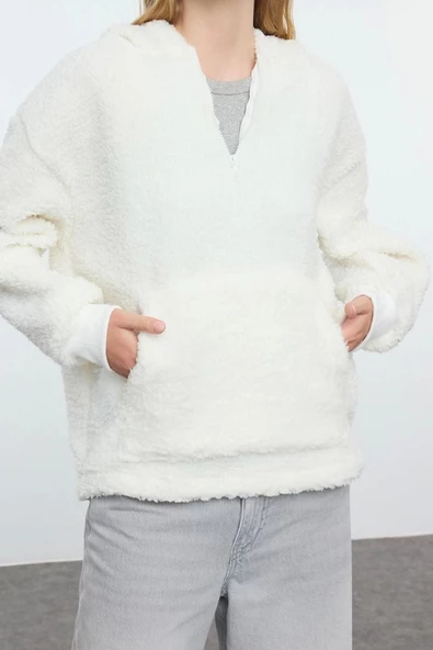 Kadın Moda Şık Bol Kapüşonlu Düşük Kol Uzun Fermuarlı Overize Geniş Kalıp Peluş Örme Sweatshirt - 3