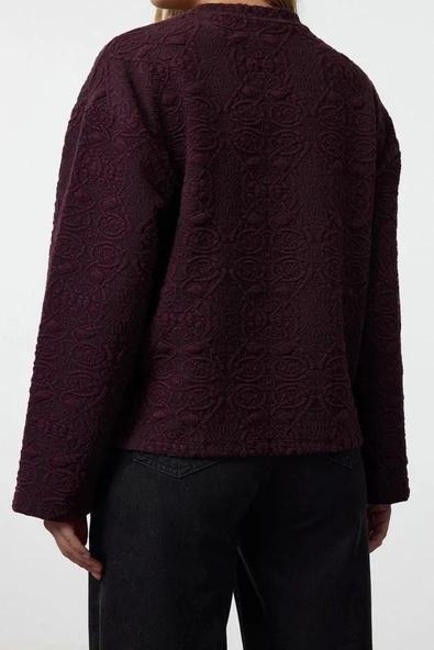 Kadın Moda Şık Regular Bisiklet Yaka Standart Kol Regular Jakarlı Normal Kalıp Örme Sweatshirt - 5