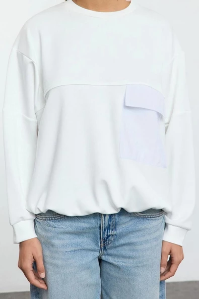 Kadın Bol Bisiklet Yaka Düşük Kol Uzun Yumuşak Tuşeli Paraşüt Cep Geniş Kesim Örme Sweatshirt - 1