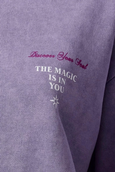Kadın Moda Bol Bisiklet Yaka Düşük Kol Uzun Ön ve Sırt Baskılı Yıkamalı Geniş Kalıp Örme Sweatshirt - 4