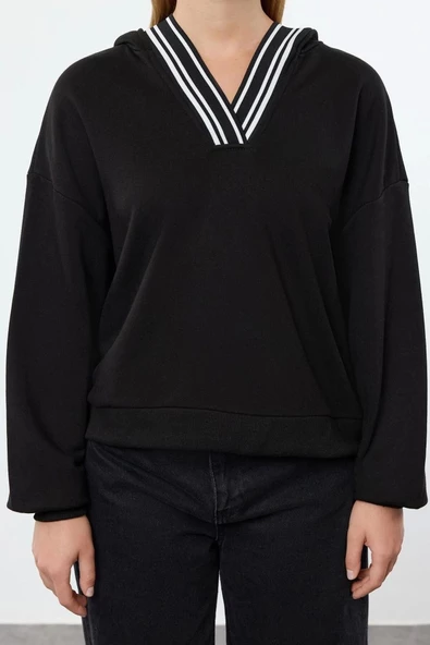 Kadın Bol Kapüşonlu Düşük Kol Uzun Overize Kalıp Kalın İçi Polarlı Triko Bant Örme Sweatshirt