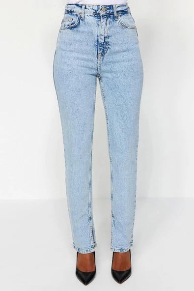 Kadın Moda Şık Kot Pantolon Boru Paça Uzun Boy Denim Yırtmaçlı Yüksek Bel Straight Jeans