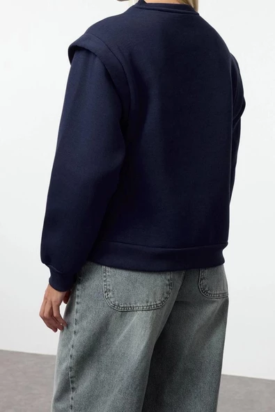 Kadın Bisiklet Yaka Düşük Kol Slogan Baskılı Geniş Kalıp Kalın İçi Polarlı Örme Sweatshirt - 5