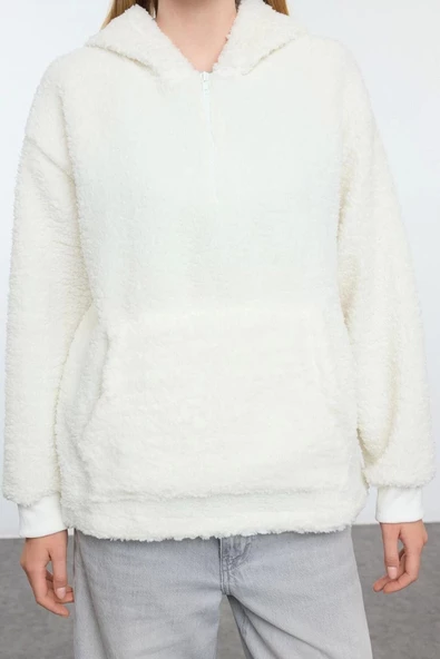 Kadın Moda Şık Bol Kapüşonlu Düşük Kol Uzun Fermuarlı Overize Geniş Kalıp Peluş Örme Sweatshirt
