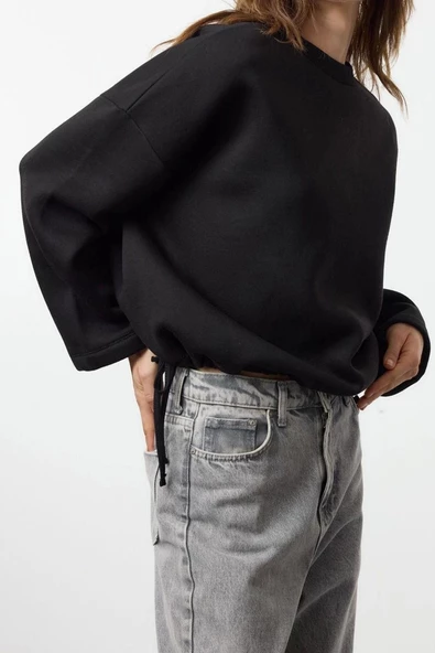 Kadın Moda Şık Relaxed Bisiklet Yaka Düşük Kol Regular Rahat Kalıp Stoper Detaylı Örme Sweatshirt - 2