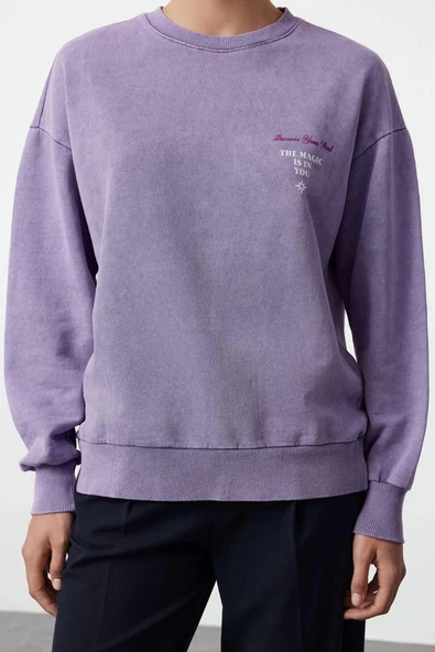 Kadın Moda Bol Bisiklet Yaka Düşük Kol Uzun Ön ve Sırt Baskılı Yıkamalı Geniş Kalıp Örme Sweatshirt