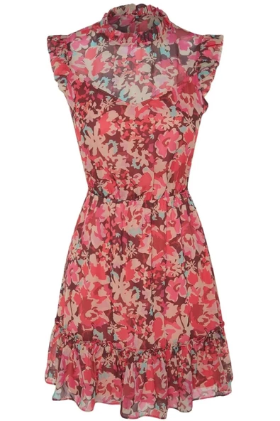 Kadın Moda Şık Mini Boy Dik Yaka Regular Çiçek Desenli Belden Açılan Dokuma Elbise