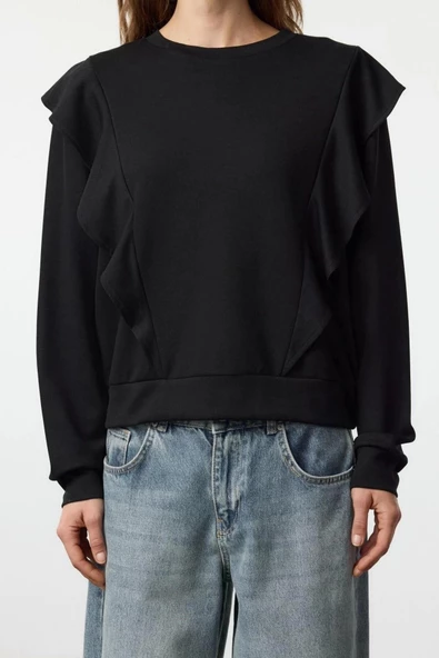 Kadın Relaxed Bisiklet Yaka Büzgülü/Fırfırlı Kol Regular Fırfır Detaylı Rahat Kalıp Örme Sweatshirt