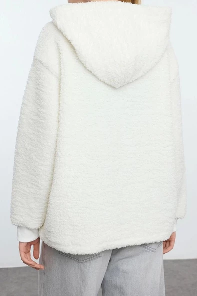 Kadın Moda Şık Bol Kapüşonlu Düşük Kol Uzun Fermuarlı Overize Geniş Kalıp Peluş Örme Sweatshirt - 5