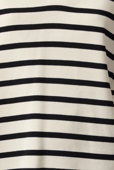 Kadın Moda Relaxed Polo Yaka Düşük Kol Standart Ekru Polo Yaka Rahat Kalıp Çizgili Örme Sweatshirt - 4