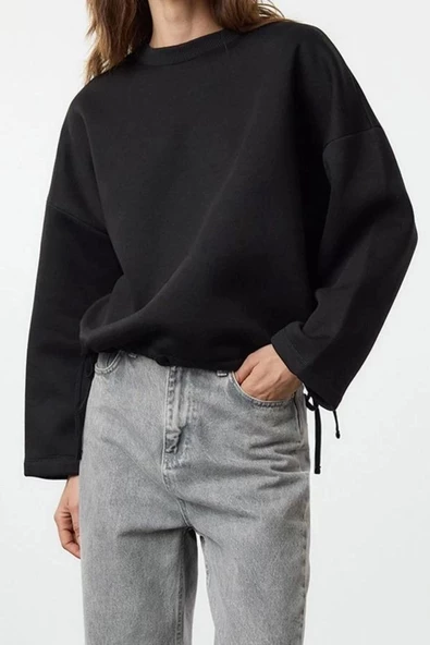 Kadın Moda Şık Relaxed Bisiklet Yaka Düşük Kol Regular Rahat Kalıp Stoper Detaylı Örme Sweatshirt - 3