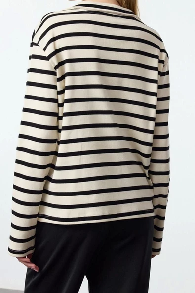Kadın Moda Relaxed Polo Yaka Düşük Kol Standart Ekru Polo Yaka Rahat Kalıp Çizgili Örme Sweatshirt - 5